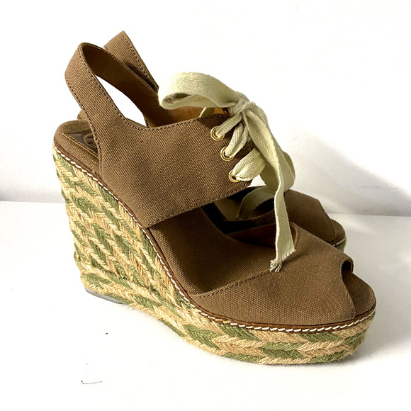 Tory Burch Linley Espadrille Wedge Sandal Platform Lace Up Brown Canvas … - Picture 2 of 8